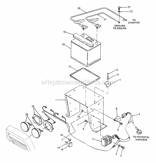 Battery, Battery Tray And Electrical Componen Diagram and Parts List for 2086 880001-899000 Cub Cadet Lawn Tractor